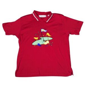 Karen Scott Golf Polo Shirt Embroidered Flags Short Sleeve‎ Red Women's Medium